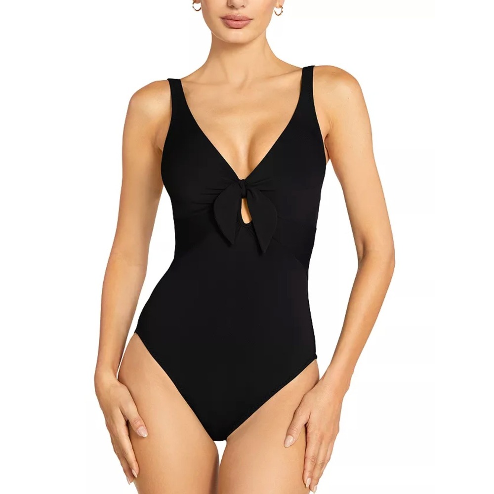Robin Piccone‎ Ava One Piece Swimsuit Womens Size 10 Black Front Tie 221716